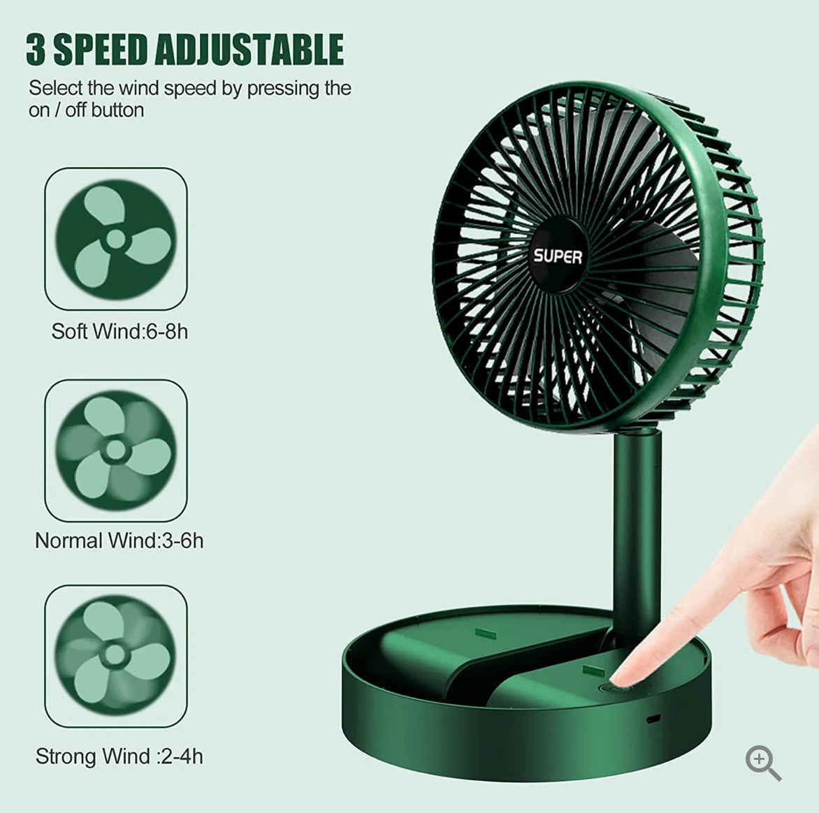 Foldable Desk Fan 3 Speeds, 180° Tilt Adjustable Rechargeable Fan with Low Noise & Long Battery Life