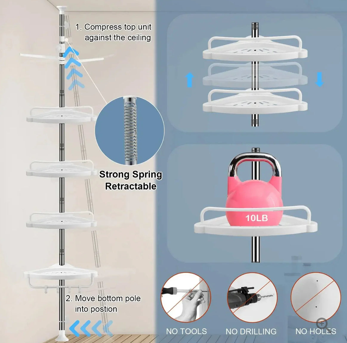 4 Tier Bathroom Corner Shelf with Towel Holder – Wall Mounted Storage Rack for Toiletries & Towels