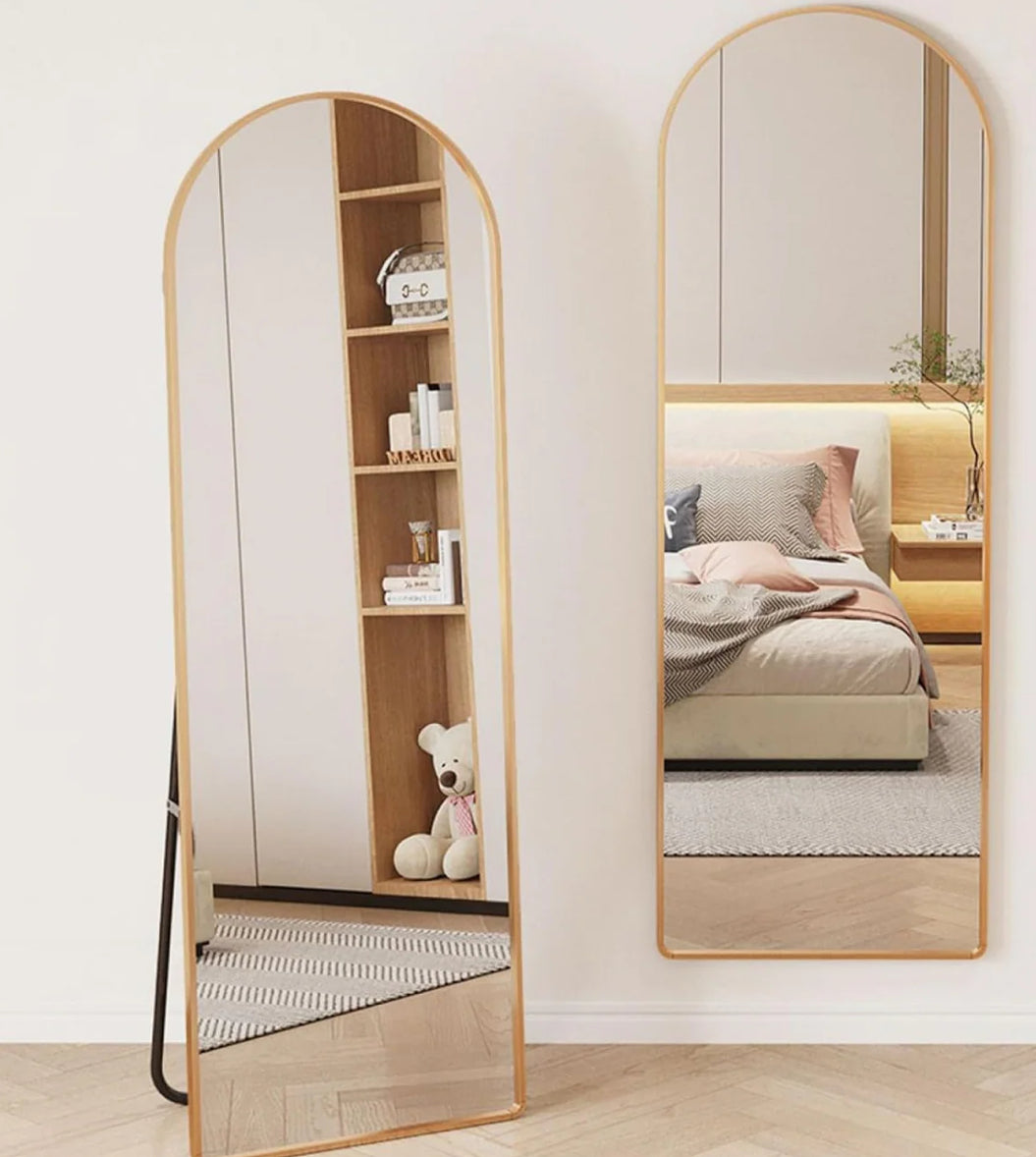 Arched Floor Mirror with Stand – Gold Full Body Dressing Mirror, Leaning or Hanging Wall Mirror