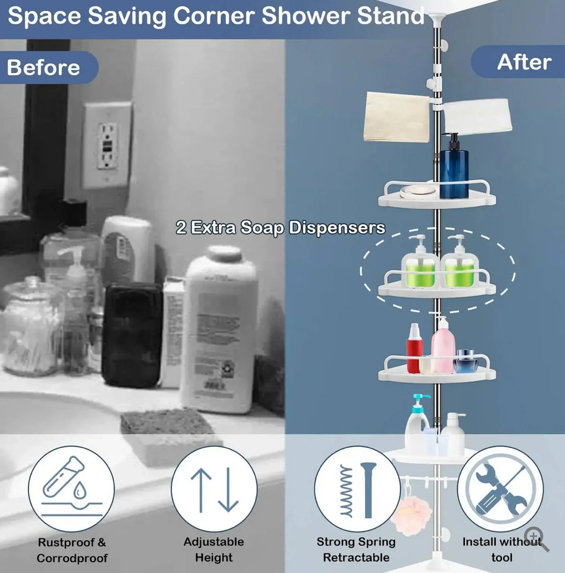 4 Tier Bathroom Corner Shelf with Towel Holder – Wall Mounted Storage Rack for Toiletries & Towels