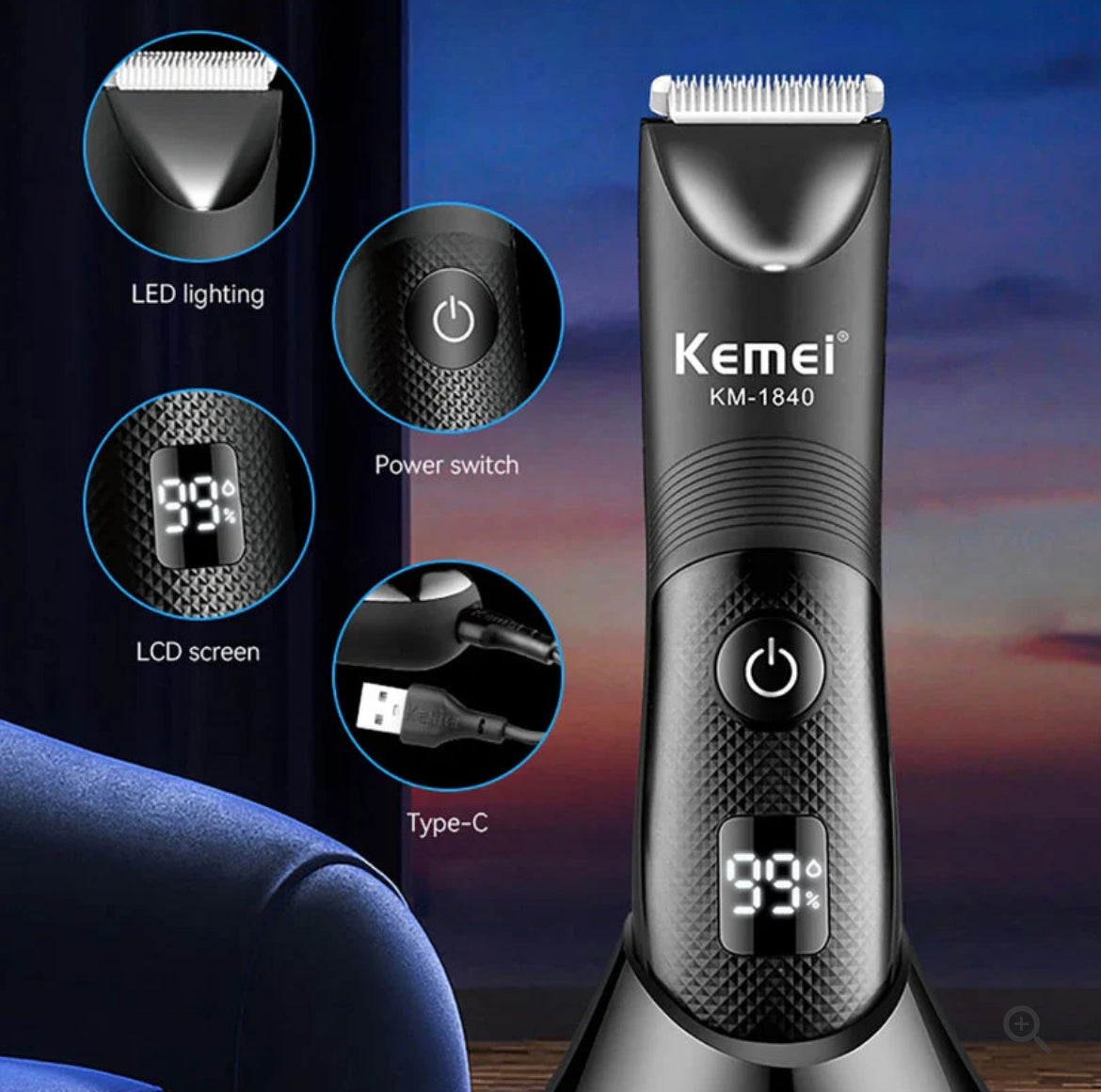 Waterproof Body Groomer With Skin Friendly Blades Kemei Hair Trimmer KM-1840