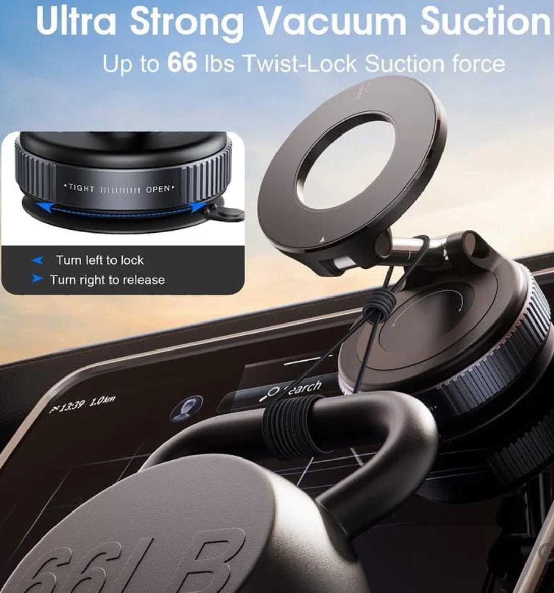 Magnetic Car Phone Mount – Upgraded Vacuum Suction Holder, 360° Adjustable Dashboard & Windshield Bracket
